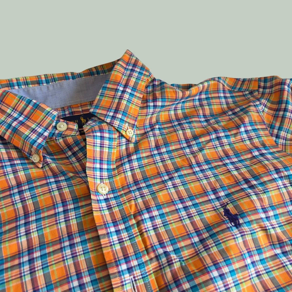 Ralph Lauren Mens Non-Iron Plaid Button Down Shirt Orange Blue Green Preppy‎ M